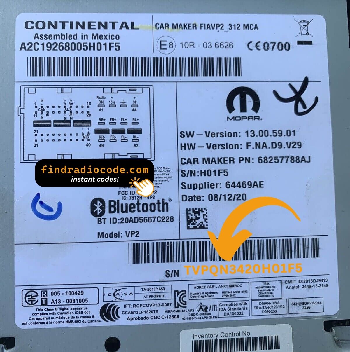 Dacia Duster radio serial number label location